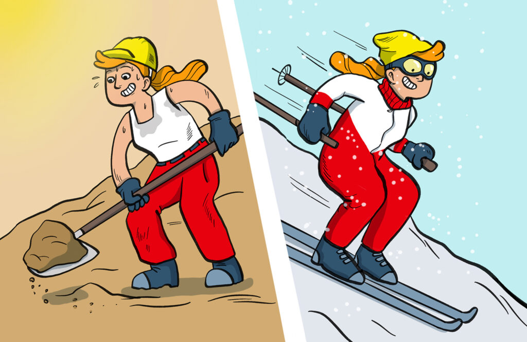 Cartoon für den SBV und deren Magazin Baunews. Eine Frau auf der Baustelle, die im Winter skifährt. Illustration Schweiz und Bern.