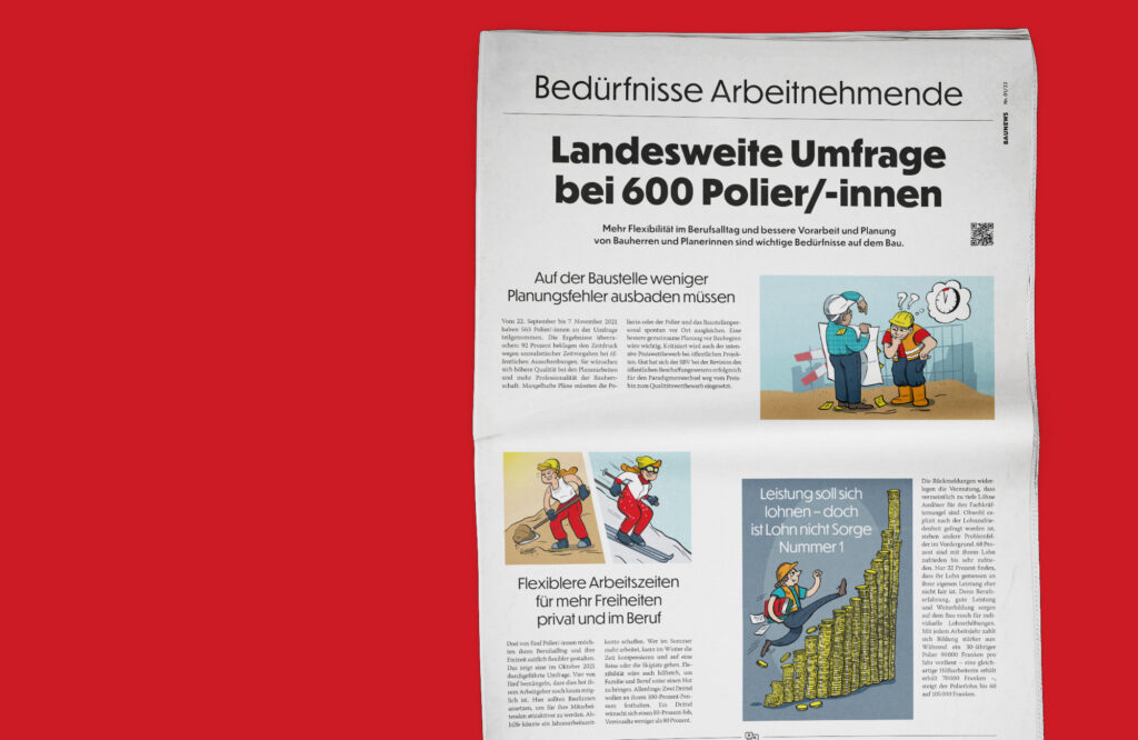 Zeitungsseite der Baunews des SBV mit drei Cartoons zum Thema Bau Illustration Schweiz und Bern.