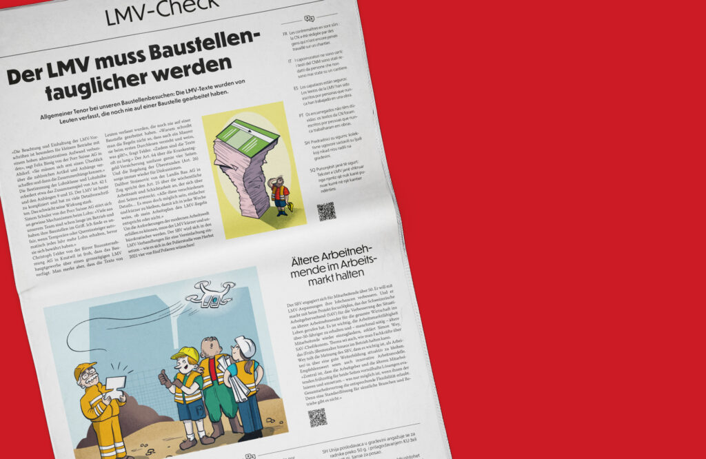 seite aus dem Magazin Baunews. Zu den Artikeln gab es jeweils eine Illustration im cartoon stil Illustration Schweiz und Bern.