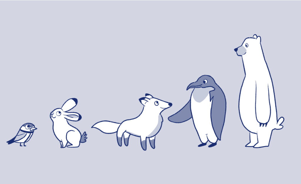 Character Design für Bär, Pinguin, Fuchs, Hase und Vogel. im Comic-Stil gezeichnet und sehen freundlich aus.