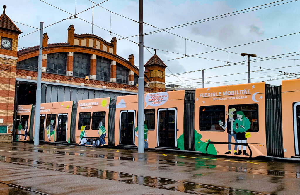 Tram in Basel Stadt mit Illustrationen von Illunauten